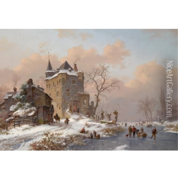 Skaters Near A Castle On A Wintry Day Oil Painting - Frederik Marinus Kruseman