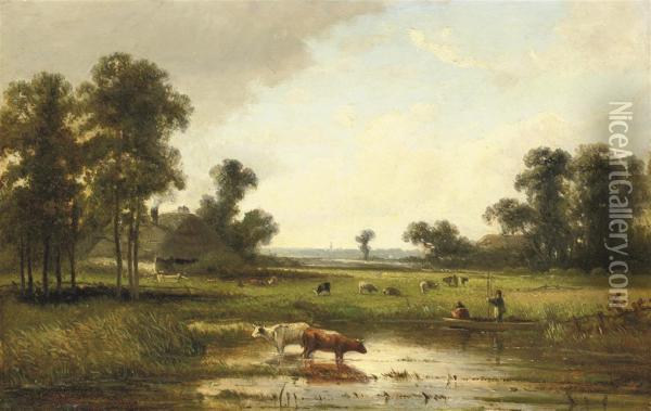 Watering Cows Oil Painting - Claas Hendrik Meiners