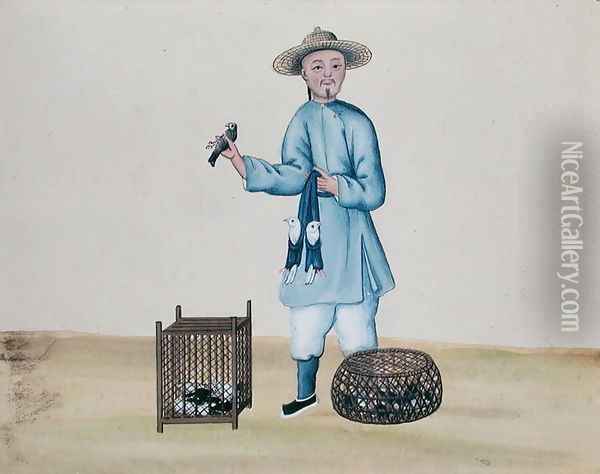The Pigeon Seller, from a book on the street calls of Peking, c.1785 Oil Painting - Anonymous Artist