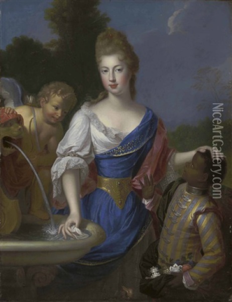 Portrait Of A Lady, Traditionally Identified As Louise Bernardine De Durfort, Duchess Of Duras, With Cupid And A Page, By A Fountain Oil Painting - Pierre Gobert