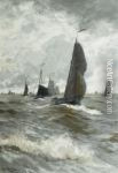 A Fishing Fleet In A Stiff Breeze On The Zuiderzee Oil Painting - Hans Von Bartels