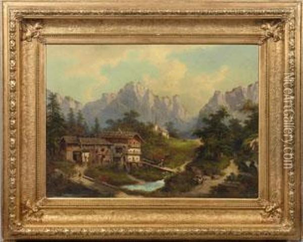 Hochalpenlandschaft Mit Gehoft Und Kapelle Oil Painting - August Lang