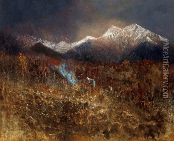 Builiding A Fire (in The Tatras) Oil Painting - Laszlo Mednyanszky
