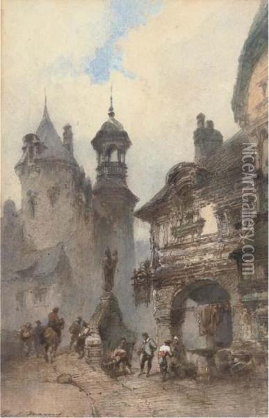 Bustling Activity In A Northern French Town Oil Painting - Paul Marny