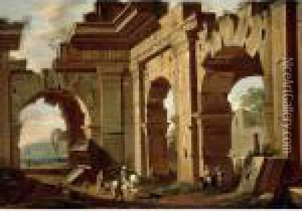 An Architectural Capriccio, With A Huntsman And Riders Among Ruined Arches Oil Painting - Viviano Codazzi