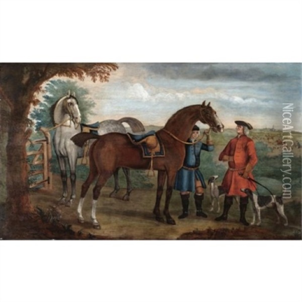 A Grey And A Chestnut Hunter Held By A Groom, A Huntsman With Two Hounds By His Side Oil Painting - James Seymour