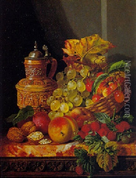 Still Life With Summer Fruit And A Flaggon On A Marble Table Oil Painting - Edward Ladell