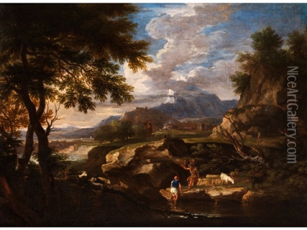 Felsige Landschaft Mit Hirten An Einem Flusslauf Oil Painting - Gaspard Dughet