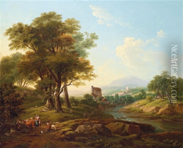 A Southern Landscape Populated By Shepherds Oil Painting - Franz Scheyerer