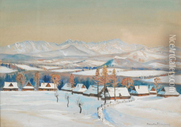 Snow Covered Village Oil Painting - Mieczyslaw Filipkiewicz