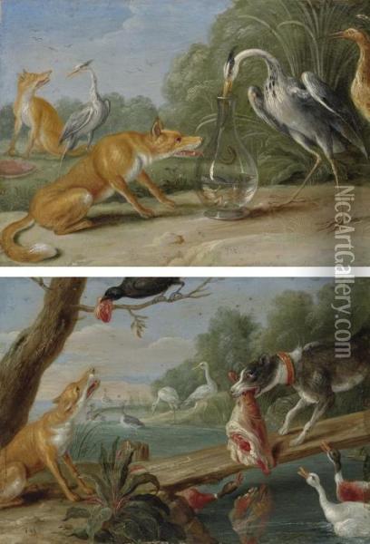 The Fox And The Crane Oil Painting - Jan van Kessel