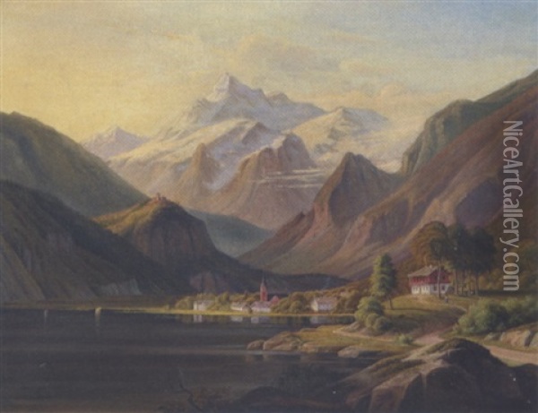 Huse Og En Kirke Ved En So I De Schweiziske Alper Oil Painting - Jens Peter (I.P.) Moeller