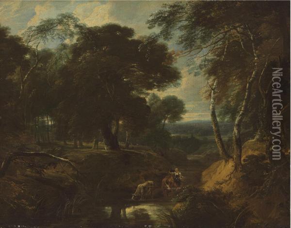 A Wooded Landscape With A Herder By A Stream Oil Painting - Philip Augustijn Immenraet