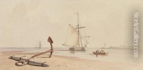 Shipping On An Estuary Oil Painting - Edward R.W.S Duncan
