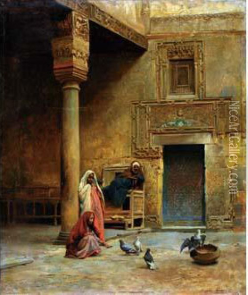 Une Cour Arabe Oil Painting - Eugene-Alexis Girardet