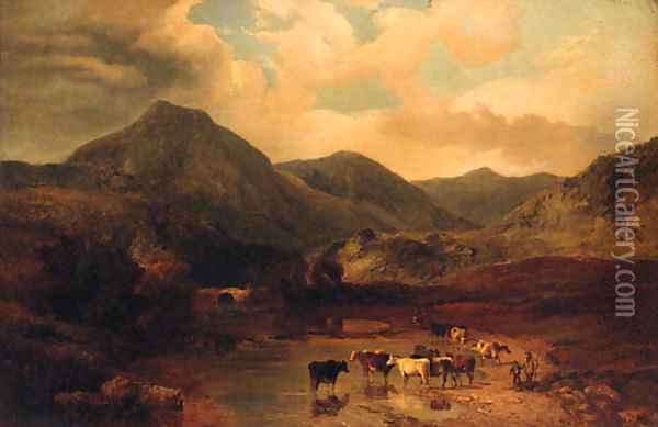 Cattle watering in a mountainous Landscape with a Drover and Child in the foreground Oil Painting - George Shalders