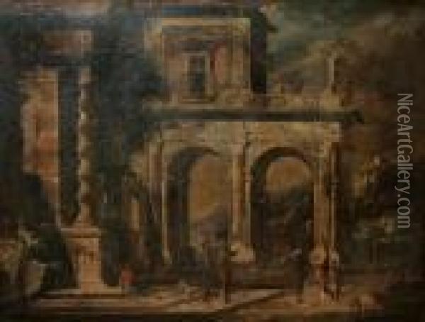 A Capriccio Of Classical Ruins Oil Painting - Giovanni Niccolo Servandoni