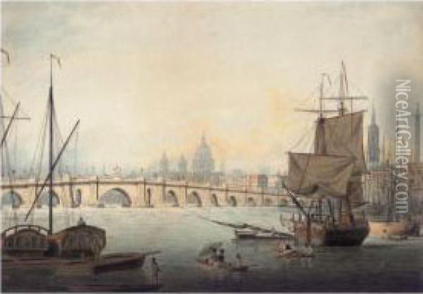 The Thames At London Bridge With St. Pauls And Monument Beyond Oil Painting - William Anderson
