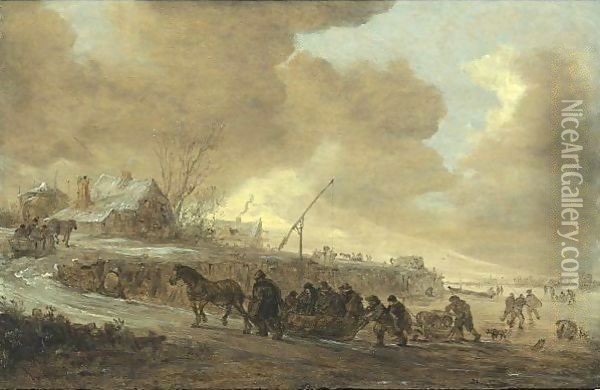 A Frozen River With Horse-Drawn Sleds On A Bank, Cottages Beyond Oil Painting - Jan van Goyen