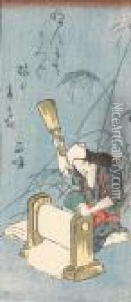 Eine Frau Trocknet Wasche. Oil Painting - Utagawa or Ando Hiroshige