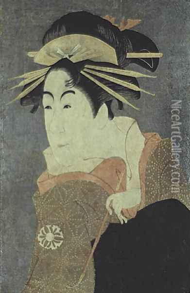 Matsumoto Yonesaburo in the role of the courtesan Kewaizaka No Shosho Shinobu in the play Katakiuchi Noriai Banashi, c.1794-95 Oil Painting - Toshusai Sharaku