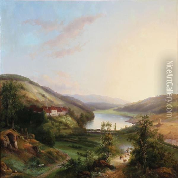 Summer Day With An Estate Near A Lake Oil Painting - Anthonie Braakman