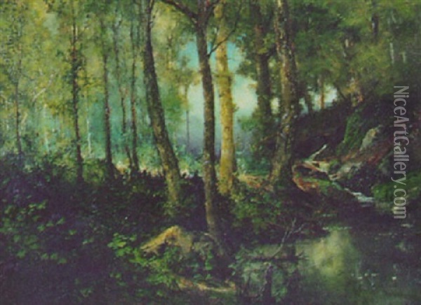 Wooded Landscape With Running Stream Oil Painting - Robert Crannell Minor