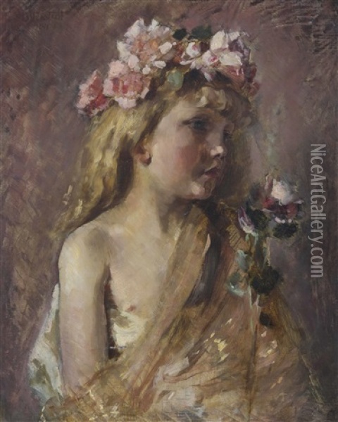 Madchen Mit Blumenkranz Auf Dem Kopf Und Einer Rose Oil Painting - Alexander Karl von Otterstedt