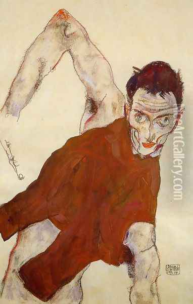 Self Portrait In Jerkin With Right Elbow Raised Oil Painting - Egon Schiele