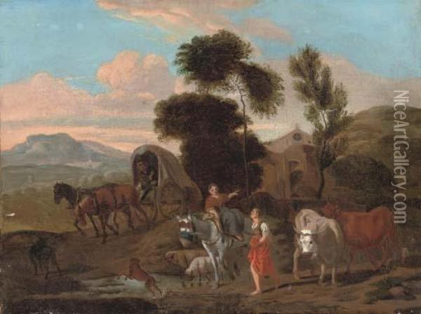 An Italianate Landscape With Travellers By A Stream Oil Painting - Michiel Carre