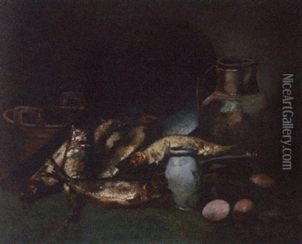 Mackerel, Eggs, A Water Jug, And A Pestle And Mortar On A Table Oil Painting - Louis Robert Carrier-Belleuse