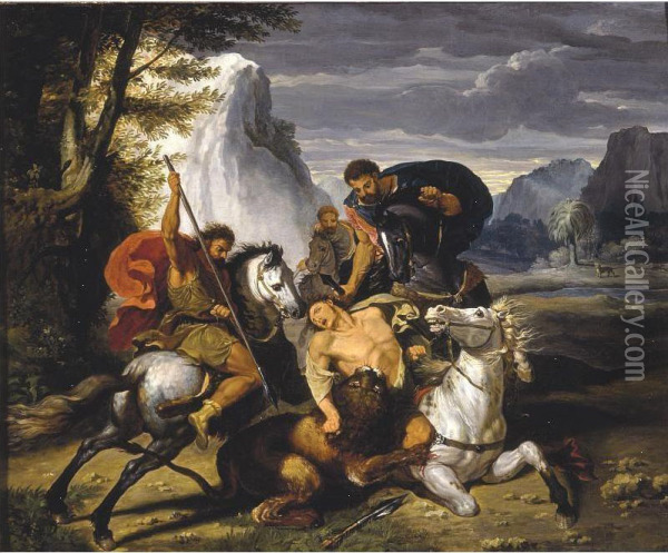 A Lion Hunt Oil Painting - Benigne Gagnereaux