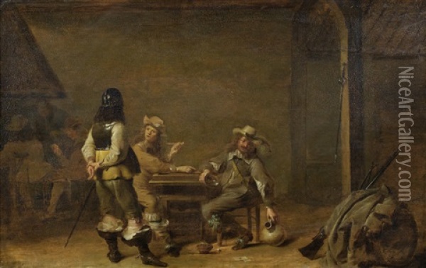 Soldiers Drinking And Playing Cards In An Interior Oil Painting - Jan Olis