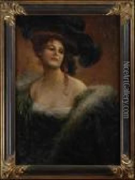 Portrait Of A Woman In A Large Hat Oil Painting - Luca Postiglione