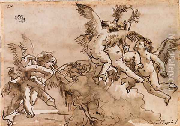 Blindfolded Cupid and flying putti playing with a laurel crown Oil Painting - Giovanni Domenico Tiepolo