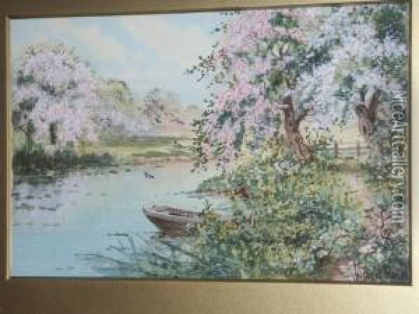 River Blossoms, A Summer Landscape Oil Painting - Joseph Halford Ross