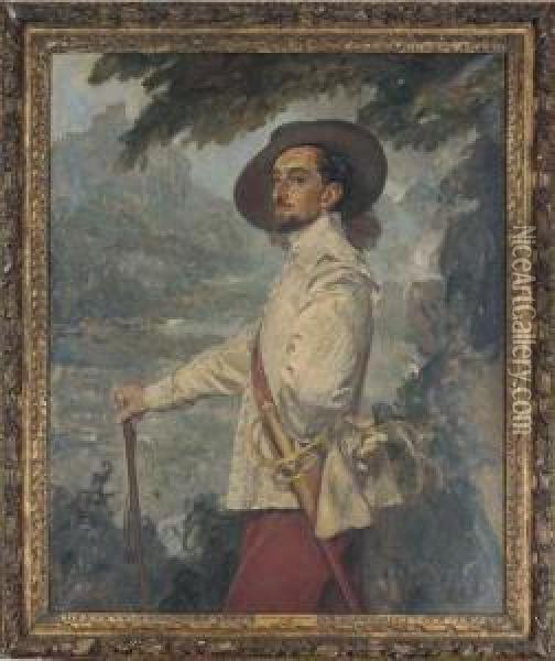 Portrait Of A Gentleman, 
Three-quarter-length, In A White Doublet And Red Breeches, In A 
Landscape Oil Painting - Thomas Tayler Ireland