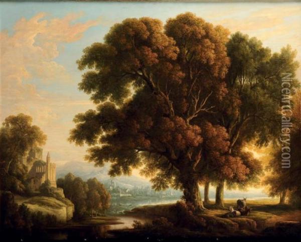 Paysage De Ruines Et Vaches Oil Painting - Johann Bernard Klombeck