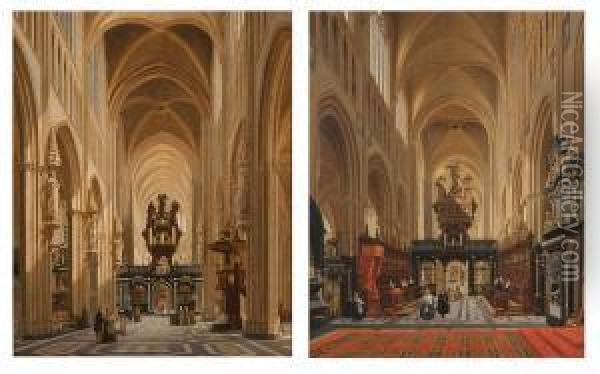 Interieur Van De Sint-salvatorkerk Te Brugge Met Doksaal, Orgel, Preek-en Koorgestoelte, Geestelijken En Personages Oil Painting - Joseph Warlincourt