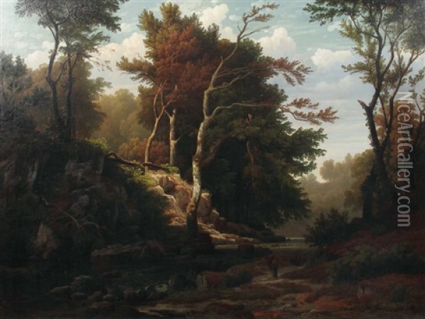 Flusslandschaft Mit Bewaldetem Ufer Und Ansteigendem Fels Oil Painting - Carl Jungheim