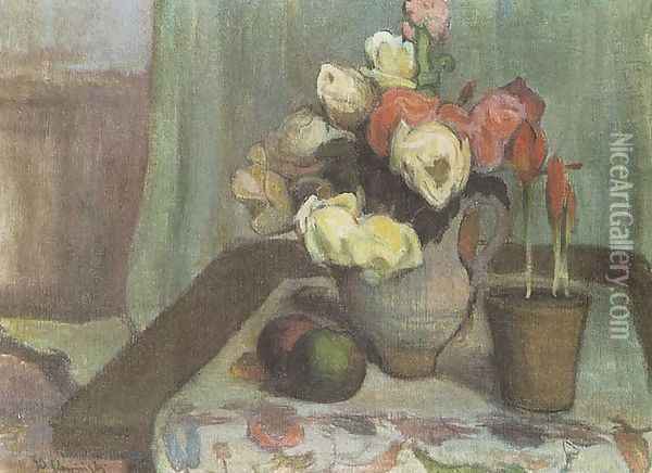 Still Life with a Vase of Flowers and a Pot of Tulips Oil Painting - Wladyslaw Slewinski