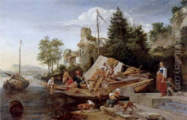 Rheinlandschaft Mit Korbflechtern Auf Einem Boot Oil Painting - Robert Griffier