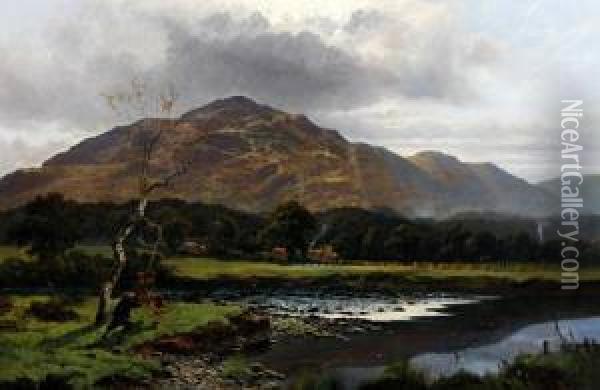 Extensive River Landscape, Possibly Lake District, With Boys Playing On A Swing By The River Bank, With Haymakers In The Distance Oil Painting - Joseph Paul Pettitt