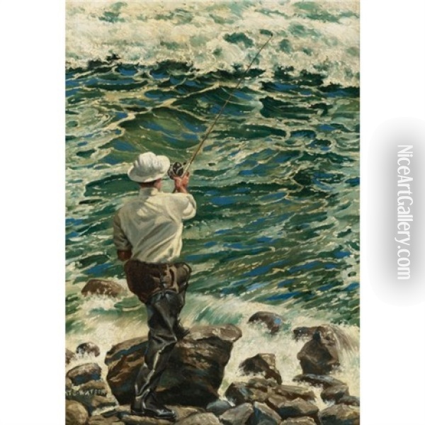 Casting Into The Montauk Surf Oil Painting - Henry Sumner (HY) Watson