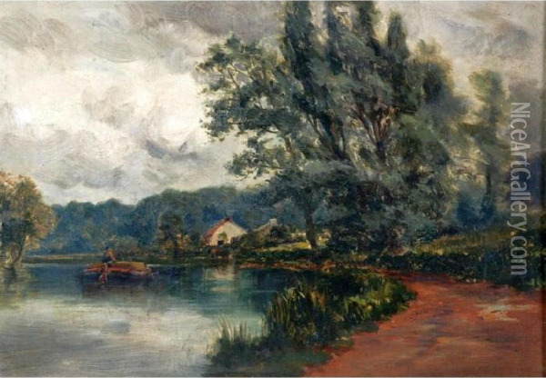 A Constable Inspired River Landscape With Barge Oil Painting - Alexander Williams
