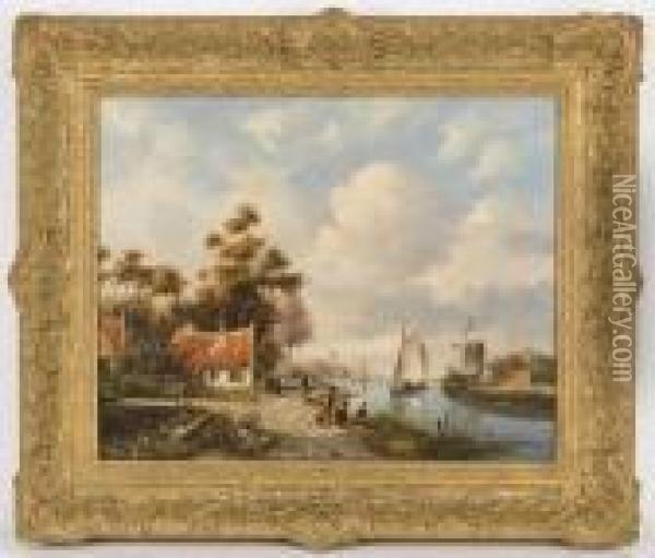 A Summer River Landscape With Windmill In Background Oil Painting - Jan Jacob Coenraad Spohler