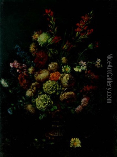 A Bouquet Of Summer Flowers In An Urn Oil Painting - B. Yamero Ruiz