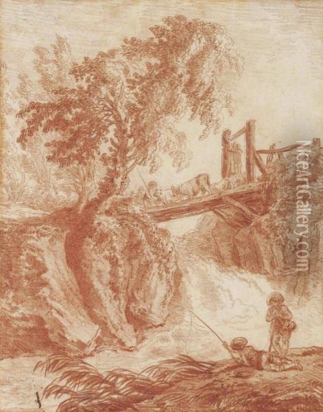 Figures And Cattle Crossing A Bridge, Anglers In The Foreground Oil Painting - Hubert Robert