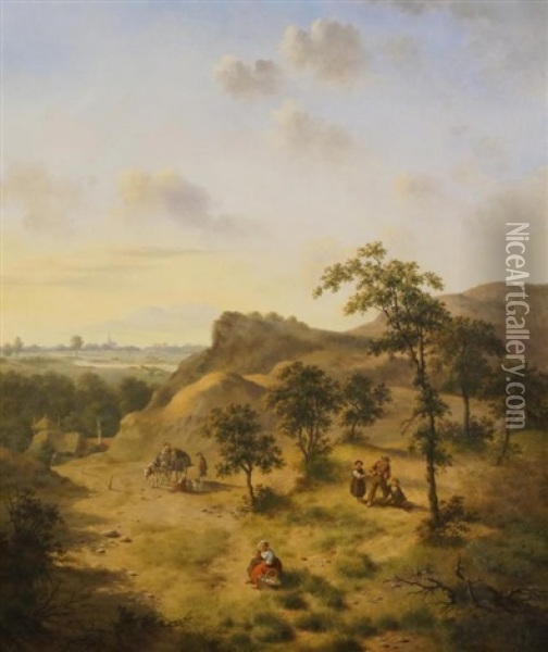 Houtsprokkelaars En Landschap Op Beboste Heuvel Oil Painting - Jan Hendrik Verheyen