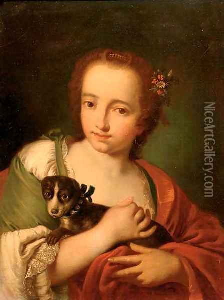 A young woman in a green dress and a red wrap, with a dog in her arms Oil Painting - Giovanni Battista Piazzetta